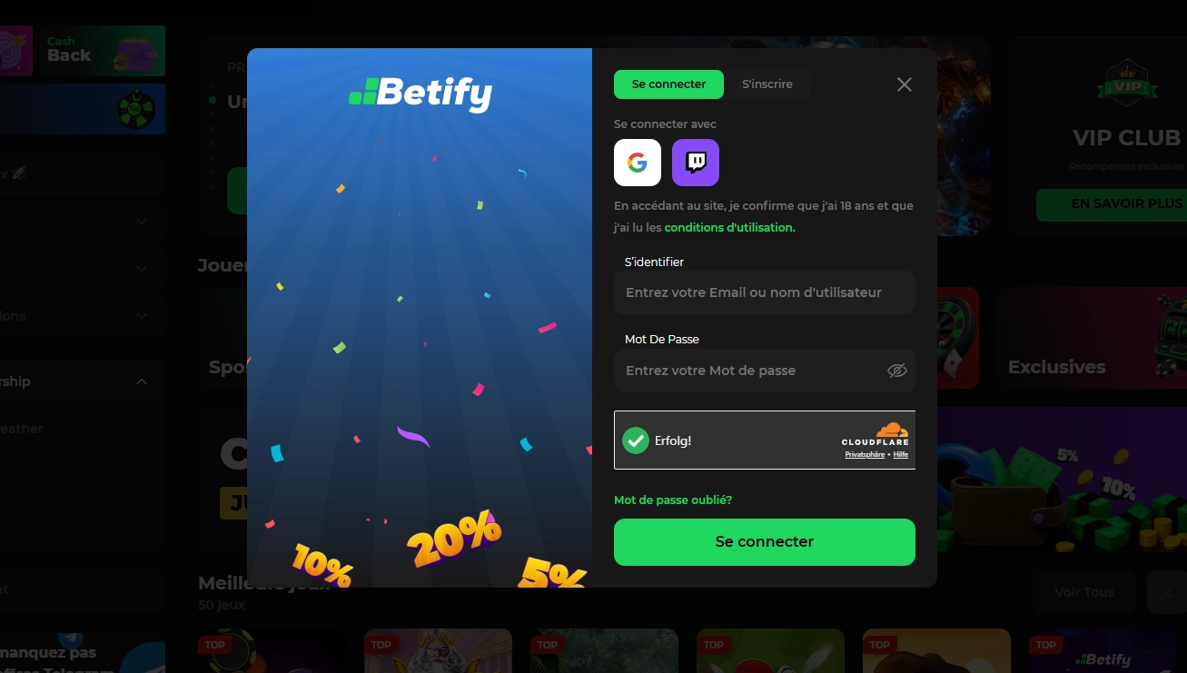 Options disponibles pour Betify login — Betify connexion